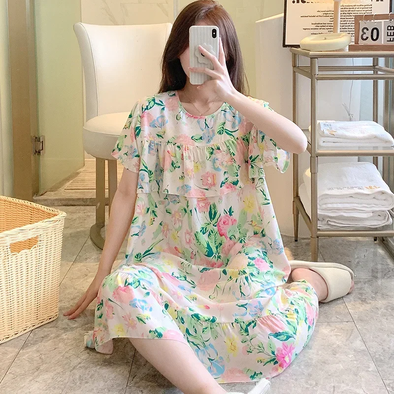 Nightdress Women Summer Thin Large-size Cotton Silk Skirt Pajamas Ladies Loose Loungewear Female Outdoor Floral Nightgowns Girls