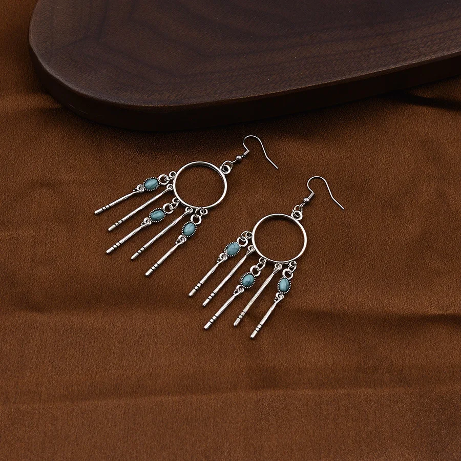 DIY accessories Vintage and old, ancient silver fringed turquoise pendant earrings, women's temperament vacation bohemian long e