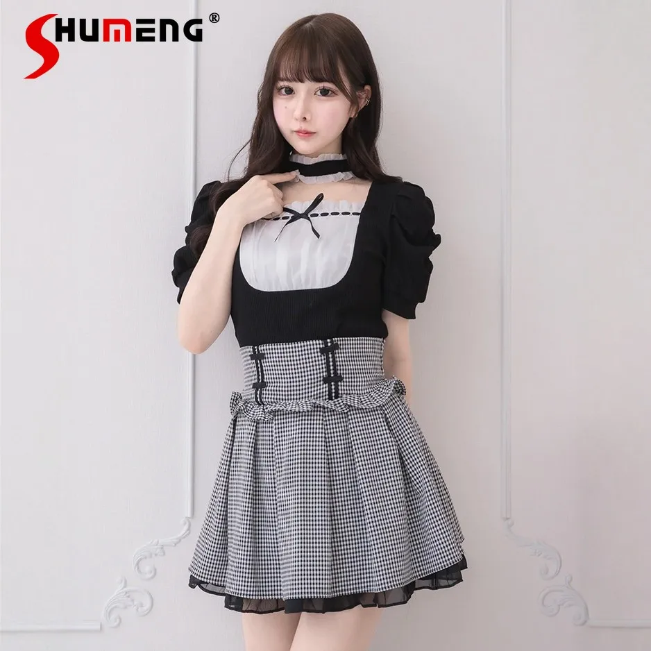 

Японский стиль: милые вязаные шорты и футболка, весна-лето 2026, для девочек и женщин, с бантом, облегающие, элегантные топы с пышными рукавами