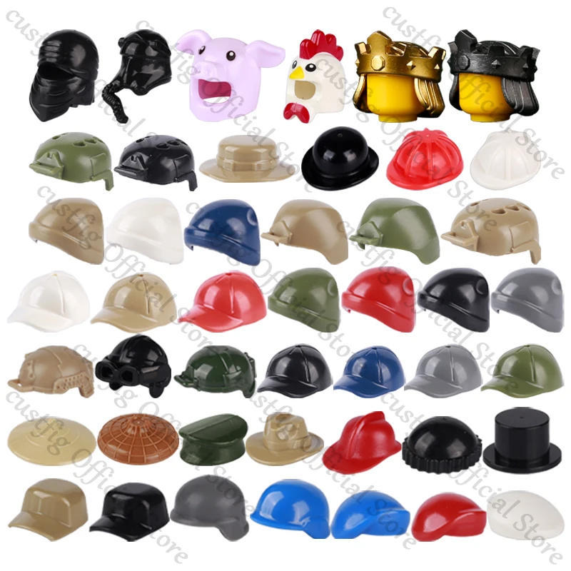 MOC City Army Military Soldier Figures Hat Helmet Weapon Building Block Medieval King Crown Police Cap Head Parts Bricks Kid Toy