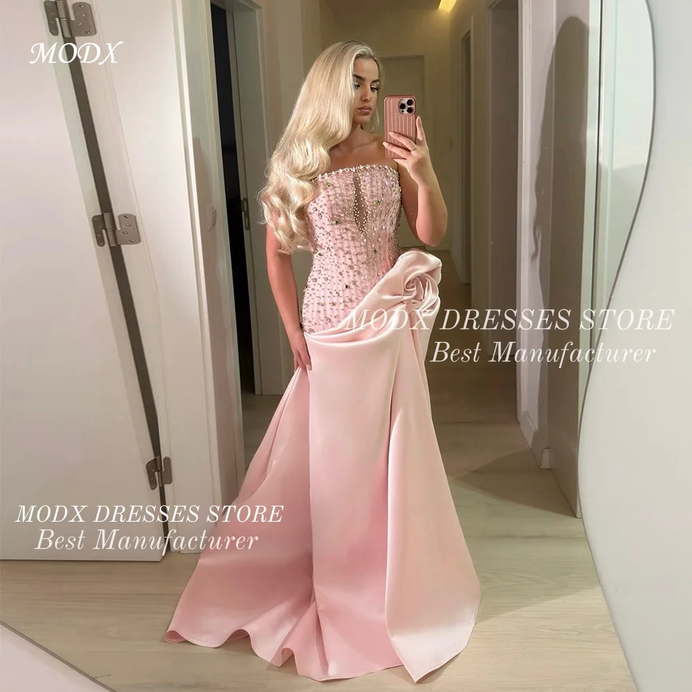 

MODX Luxury Pink Rainstoned Beaded Arabic Evening Dresses 3D Flower Sleeveless Women Party Dress Formal Celebrity Gowns Quincean