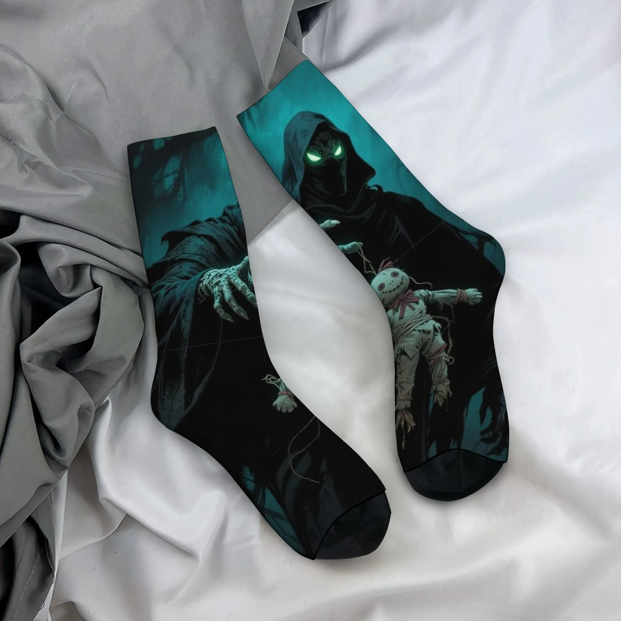 

Dark witchcraft voodoo doll print men's socks, novel gothic witchcraft style casual socks, crazy party holiday gift