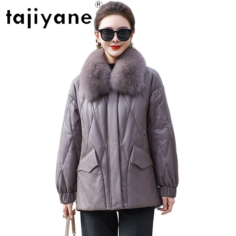TAJIYANE 100% جلد الغنم أوزة أسفل معطف فضفاض قصير الجلد الحقيقي سترة منفوخة النساء مع الثعلب طوق الشتاء ملابس امرأة 2025