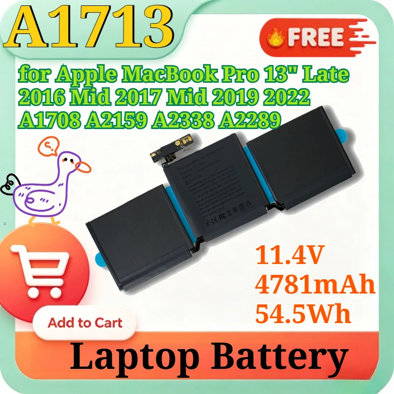 

A1713 11.4V 54.5Wh 4781mAh High Capacity Li-ion Replacement Battery for Apple MacBook Pro 13" Late 2016 Mid 2017 Mid 2019 2022