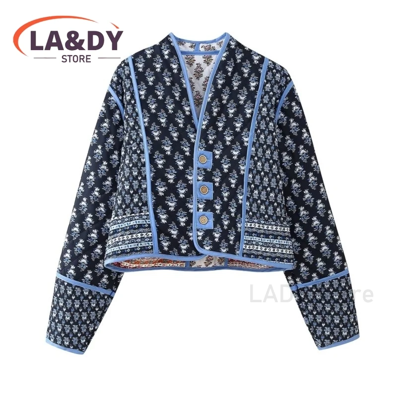 2024 New Women Vintage Loose Reversible Print Short Jacket Female Casual Long Sleeve Coats