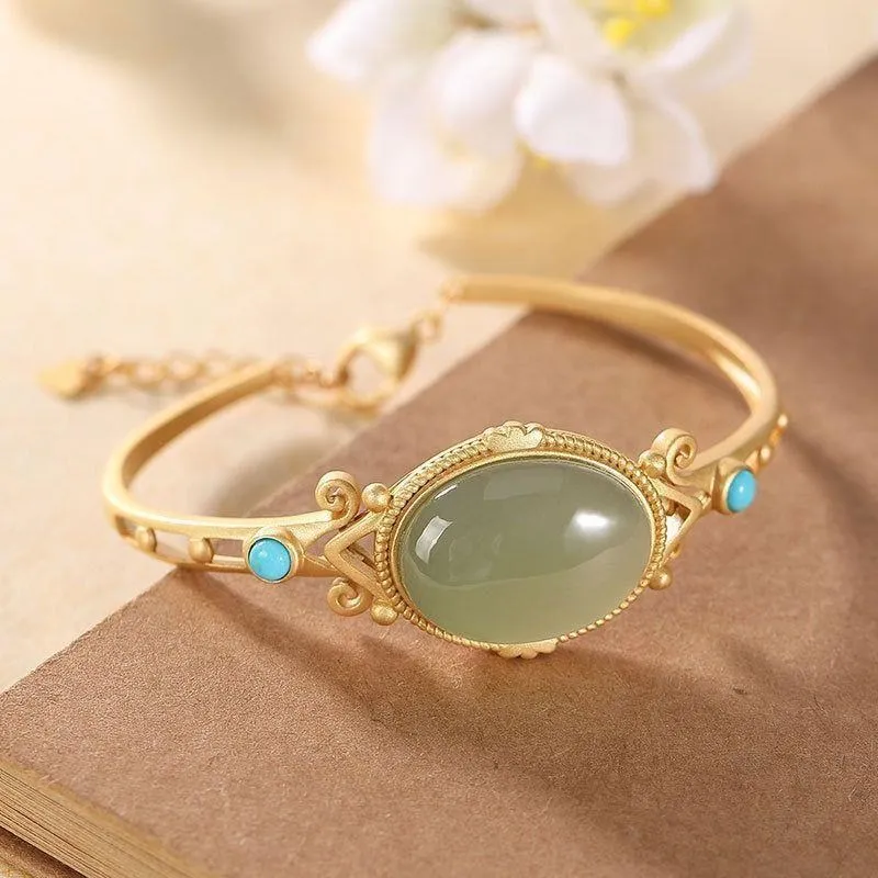

S925 Серебро Позолоченный Hetian Jade Бирюзовый классический женский браслет в придворном стиле