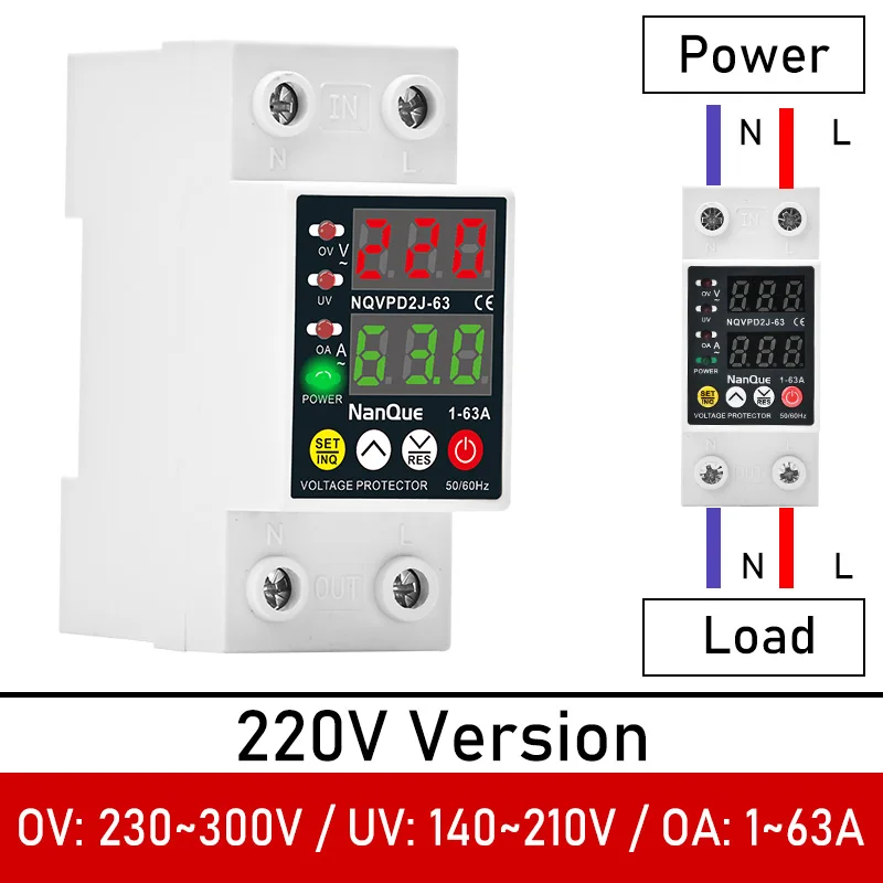 Ajustable Voltage Protector AC110V 220V 50/60Hz Automatic Recovery Settable Current Protector 1-63A Voltage Current Meter