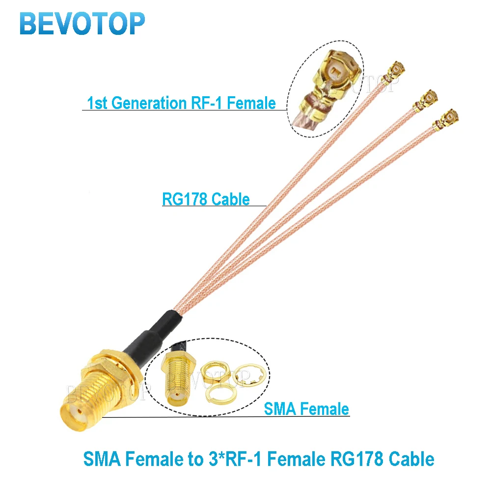 10PCS/lot BEVOTOP RG178 Cable RP-SMA / SMA Female to 3 x u.FL/RF/RF1 Splitter Pigtail Combiner RF Coaxial Adapter Assembly