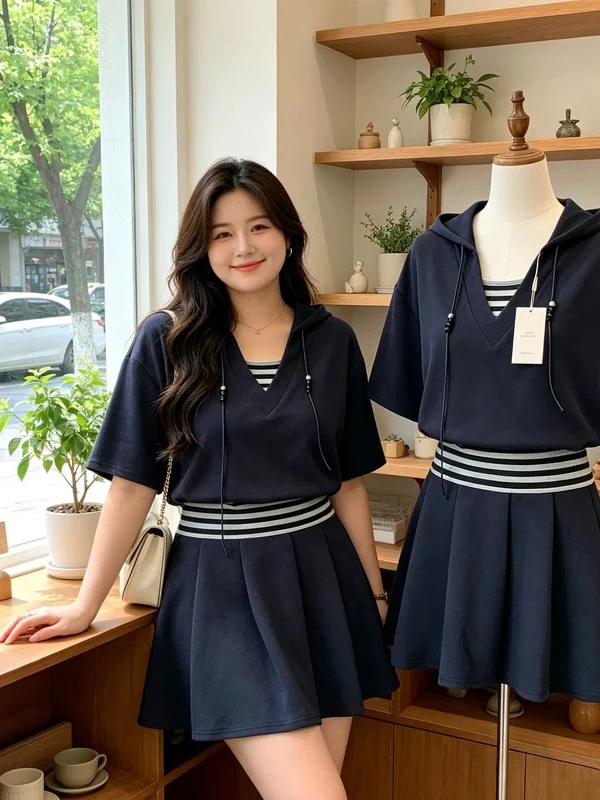 

plus Size Summer Women's Fashion Set with Elastic Waist T-Shirt And A-Line Pleated Skirt Fake Two-Piece Casual Slimming Ensemble