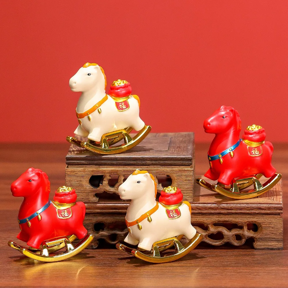 Resin Year of The Horse Zodiac Ornament Mini Auspicious Rocking Horse Desk Decoration with Blessing Word Horse Mascot Statue