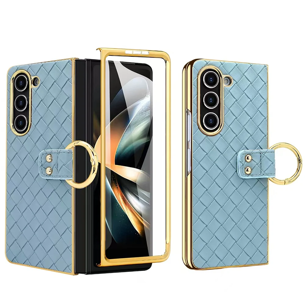 

For Samsung Galaxy Z Fold 3 Z Fold 4 Leather Case With Ring Screen Protector Plating Woman Girl Luxury Phone Case For Z Fold5 4