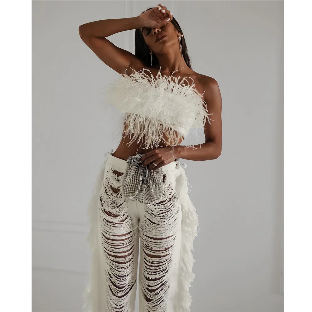 2024 Sexy Bikinis Cover-ups Beach Solid Knitted See Through Straight Pants Tassel Hollow Out High-Waist Bottoms Streetwear