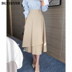 BGTEEVER Summer Buttons High Waist Female Irregular Skirts Elegant Loose Mid-Length Skirts for Women