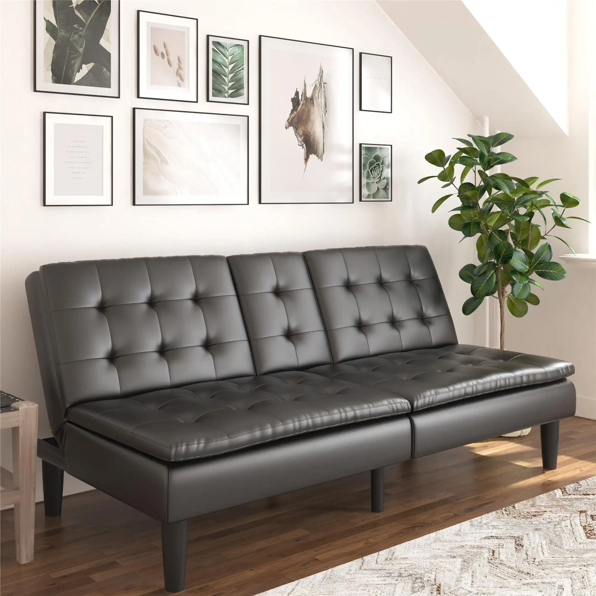 Memory Foam Futon with Cupholder and USB, Black Faux Leather