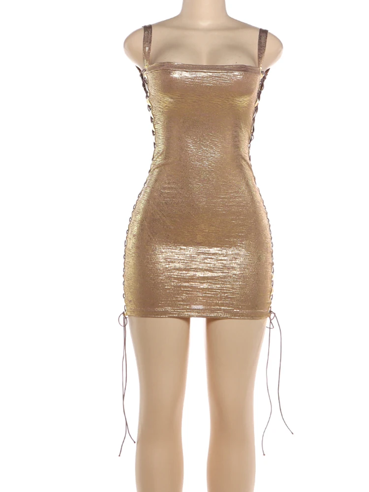 Sisterlinda Quadratischer Ausschnitt Kreuzbandage-Kleid Damen Quasten Ärmellos Sexy Midnight Hottie Einfach Klassisch Sommer Mini Bodycon – Detail 7