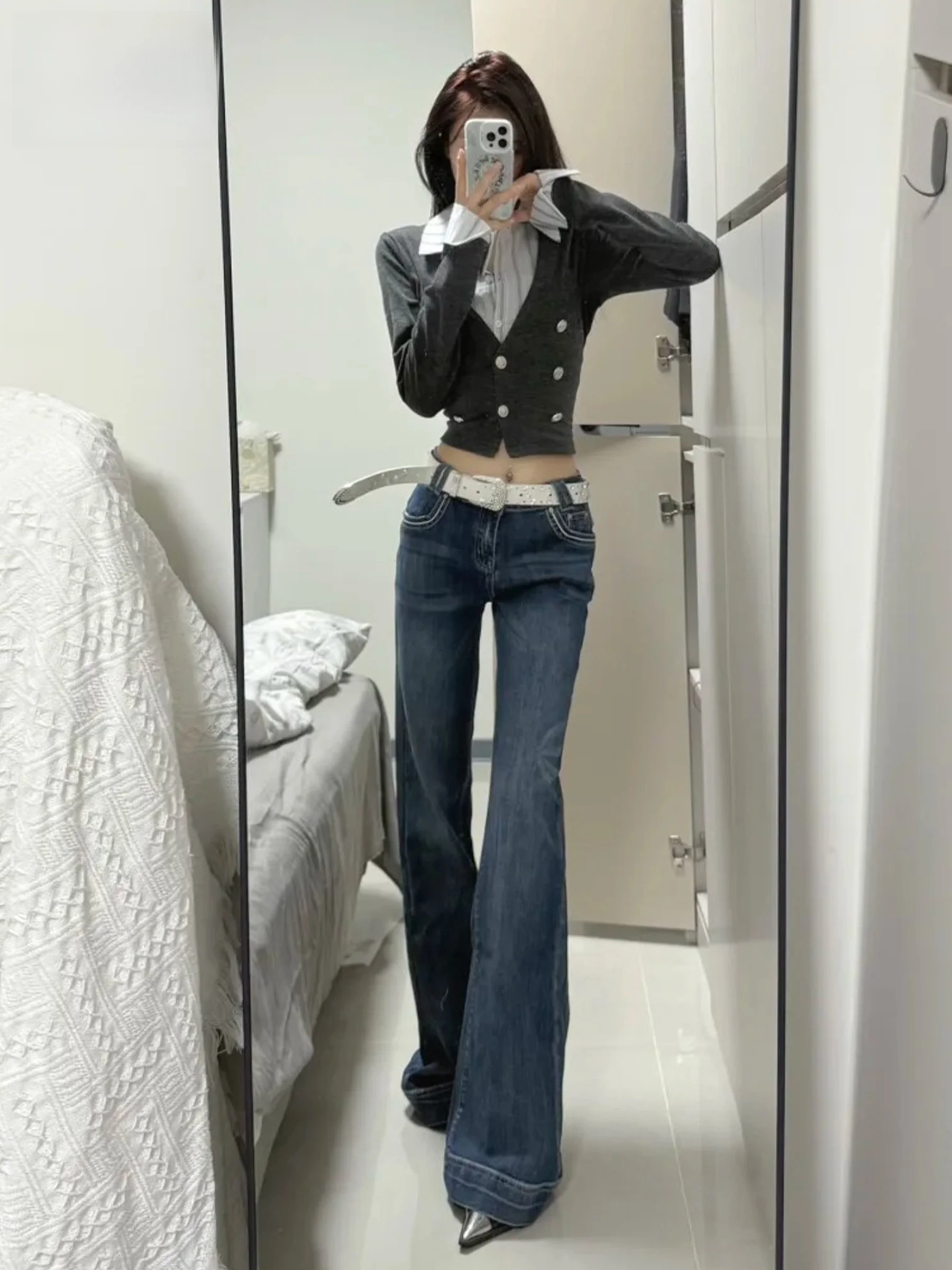 

Американские ретро-джинсы с низкой посадкой и расклешенными штанинами, женские, новинка 2026 года, летние, утягивающие, из выстиранного денима, эластичные, в пол