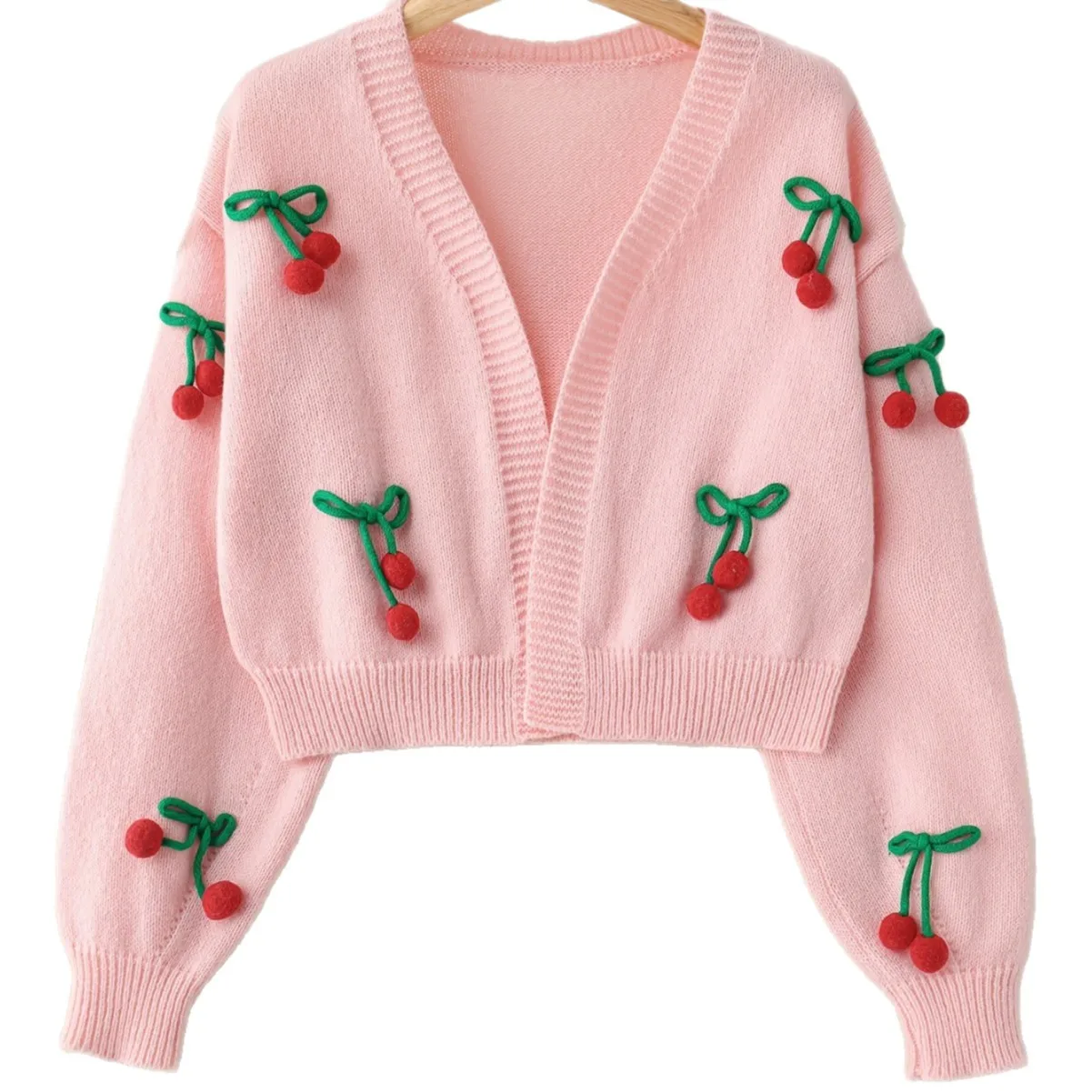 Knitted Cardigan Sweater with Cherry Charm, Long Sleeve Cozy Cardigans Sweaters for Spring Summer