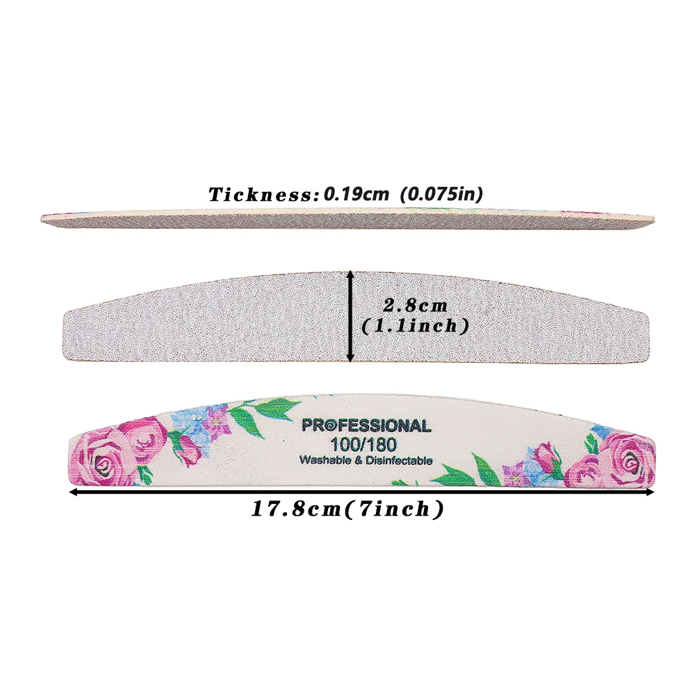 50Pcs Nail Supplies Nail Files For Manicure Double Sided 100/180 Grit White Sandpaper Printed Flower Wood Files Strip Nail Tools