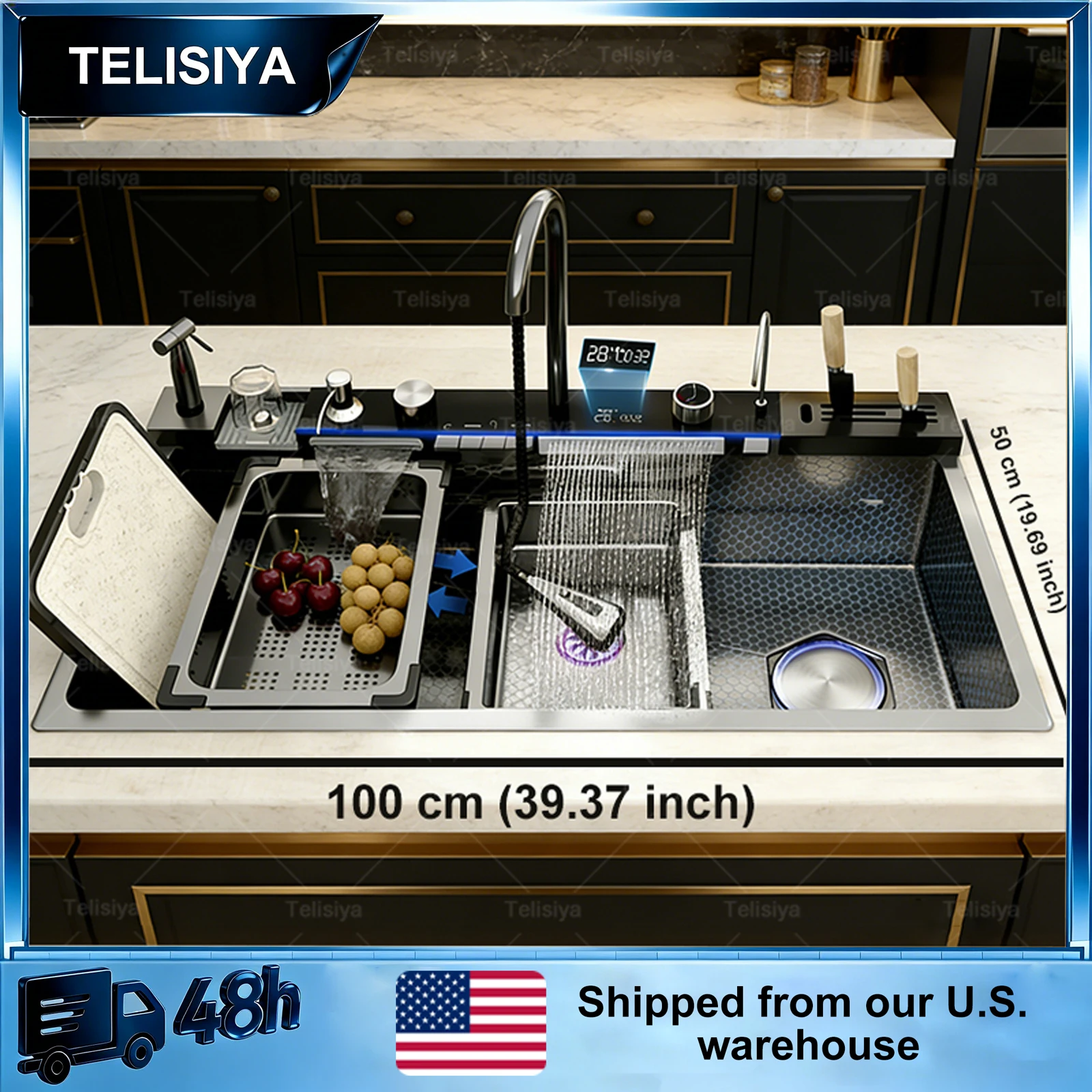 

Кухонная мойка из нержавеющей стали с водопадным изливом и цифровым дисплеем, большая одинарная мойка для посуды, доставка из США