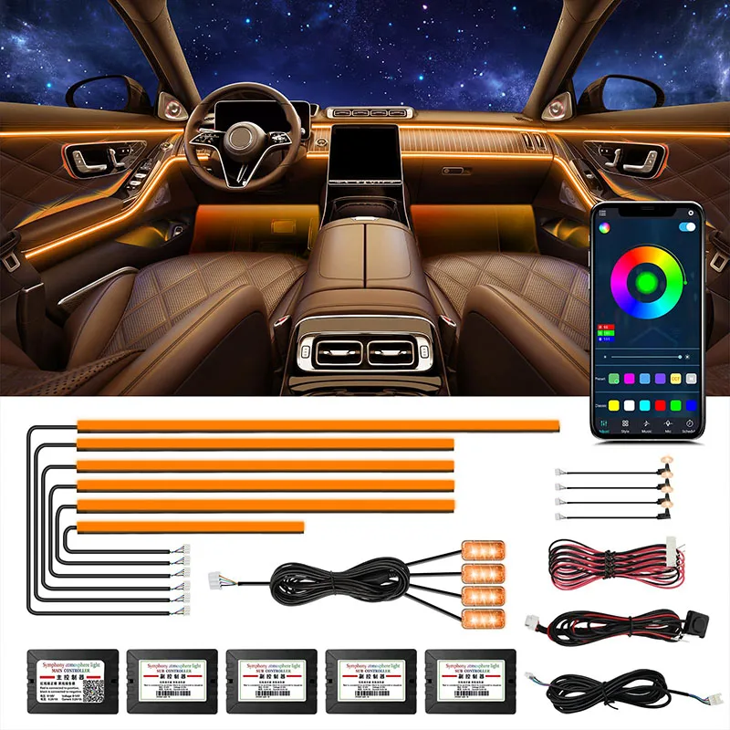 Lighting Car Ambient Lamps Neon App Contro Rainbow Colorful Auto Atmosphere Universal Symphony Acrylic Light Strips 64 RGB LED