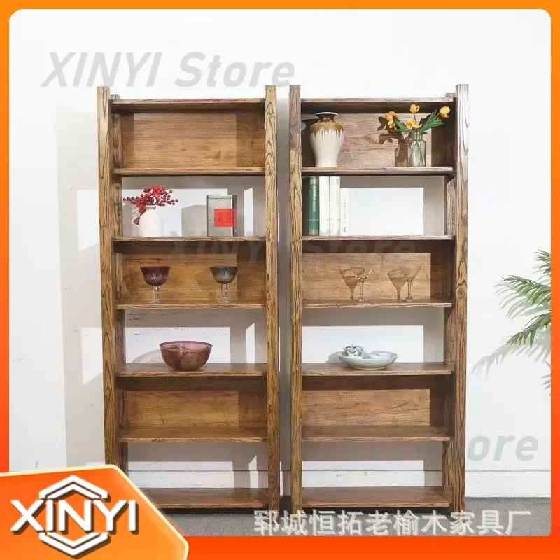 for Old Elm Bookcase for Wall Mount Side Cabinet Multi Layer Display Shelf Tea Set Organizer Solid Wood Bookshelf Display