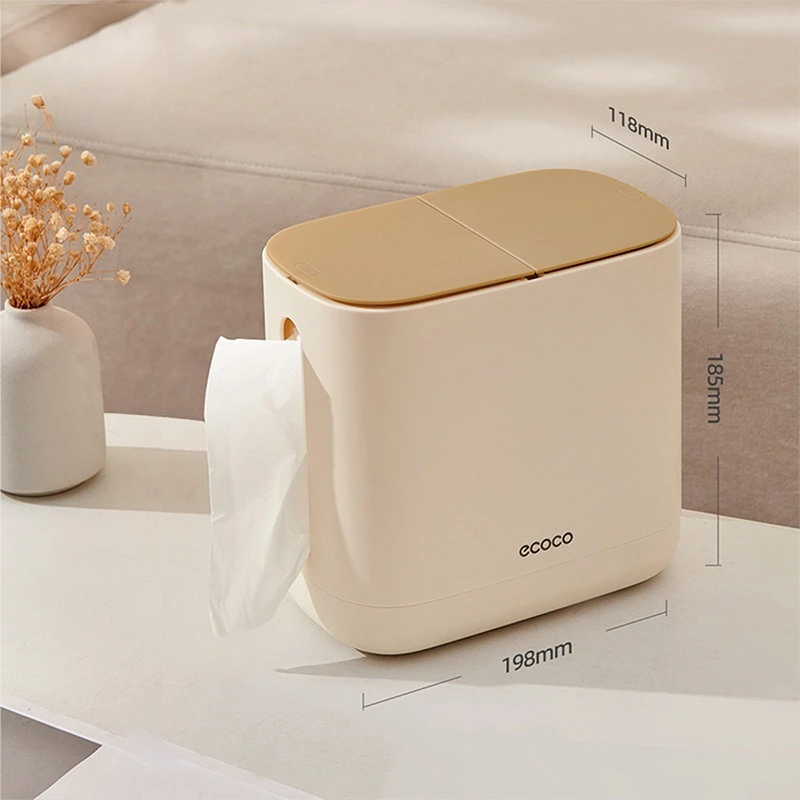 1Pc ECOCO Multifunctional Desktop Tissue Box With Trash Can Cream Aesthetic Napkin Storage Bin For Household Living Room
