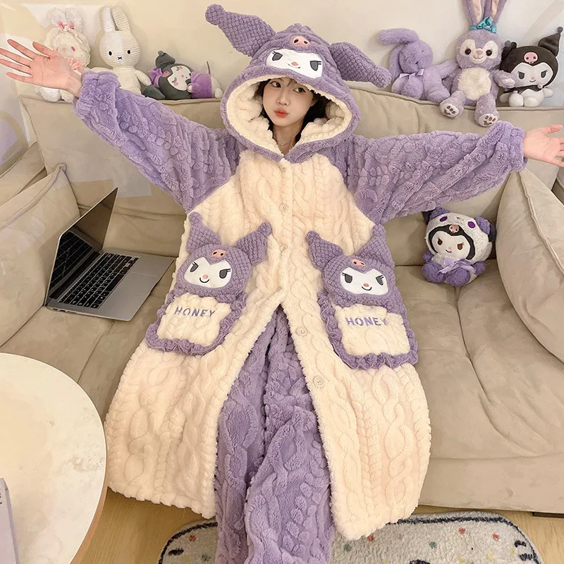 Sanrio Girl Coral Fleece Thickening Hooded Robe Trousers Suit Winter Kawaii Kuromi Comic Fashion Keep Warm Pajamas Leisure Wear