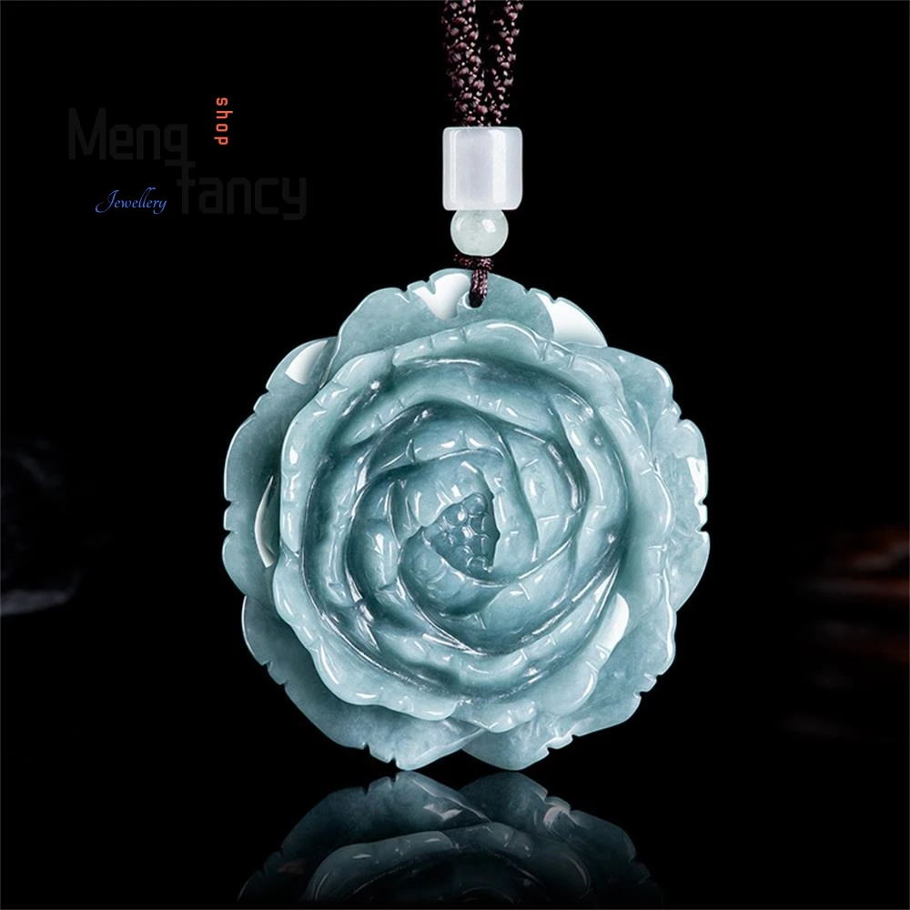 

Natural A-goods Jadeite Blue Water Peony Flower Blossom Rich And Noble Glutinous Men Women Models Pendant Luxury Fashion Jewelry