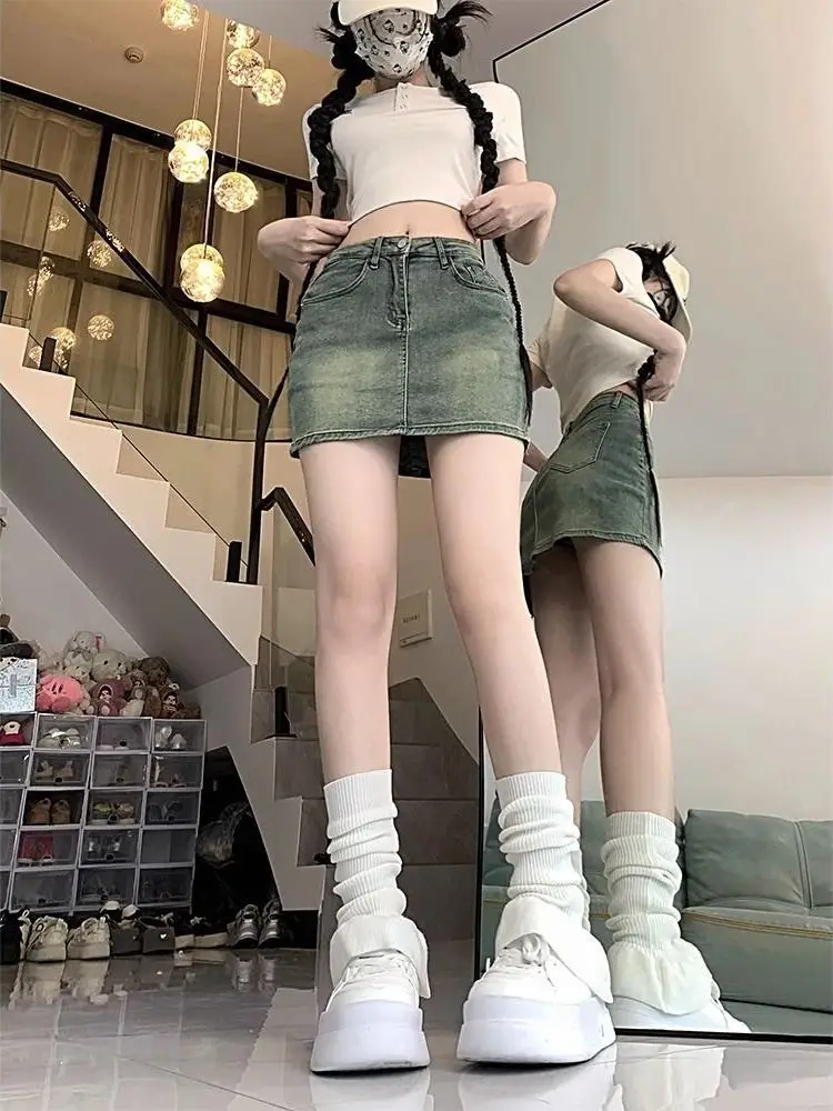Retro Washed Denim  Skirt Slimming Versatile Cool Sweet Half-length Summer New Style Spicy Girl with  Soft Jeans
