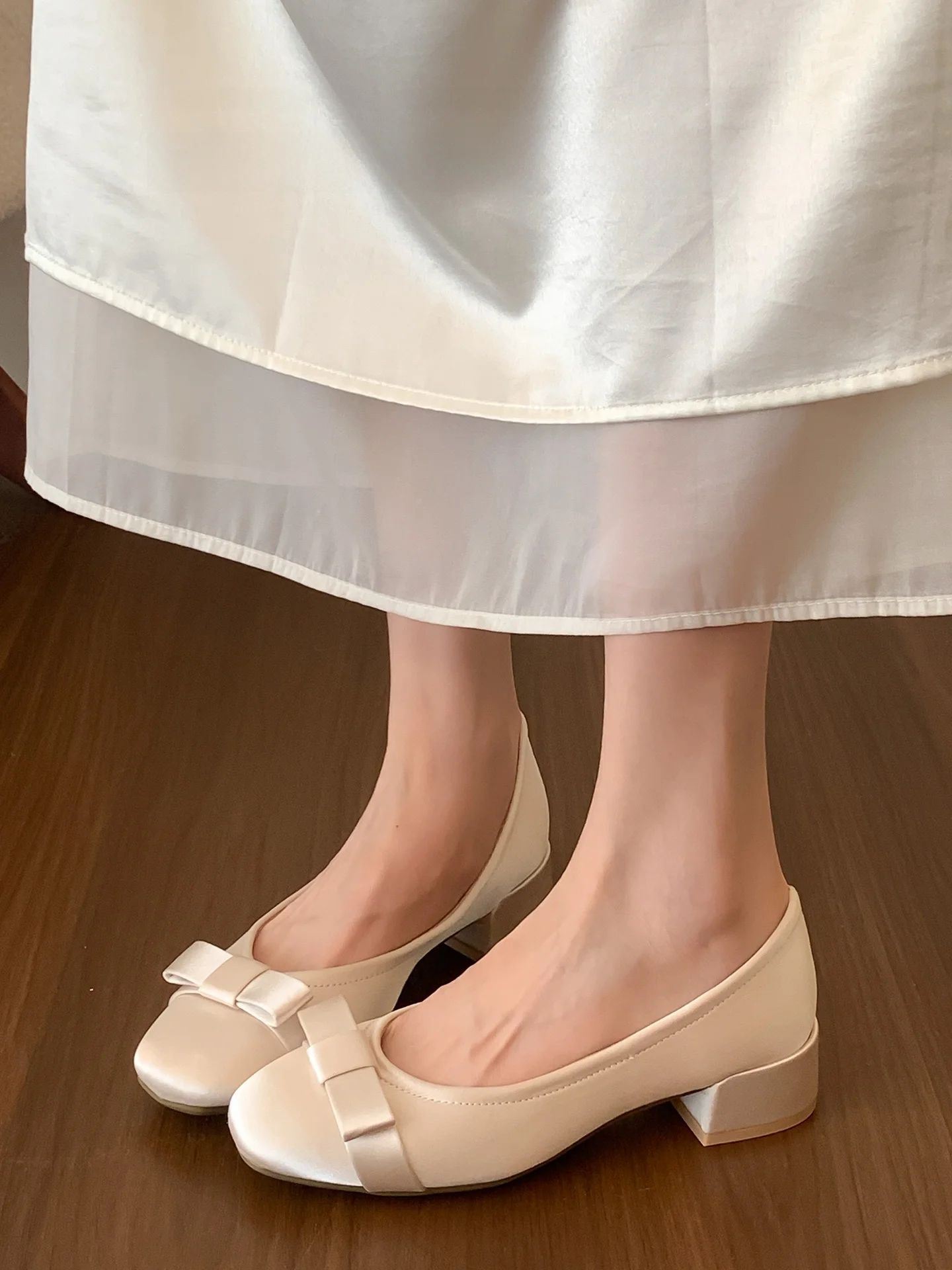 french-style-smooth-leather-mary-janes-women's-spring-shoes-slip-on-round-toe-thick-heel-knot-casual-fashionable