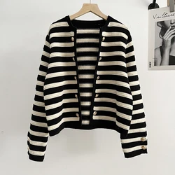 2025 New Fashion Spring Autumn Striped Knitted Sweater Slim Simple Casual Versatile Cardigans Coat Female Tops Chic