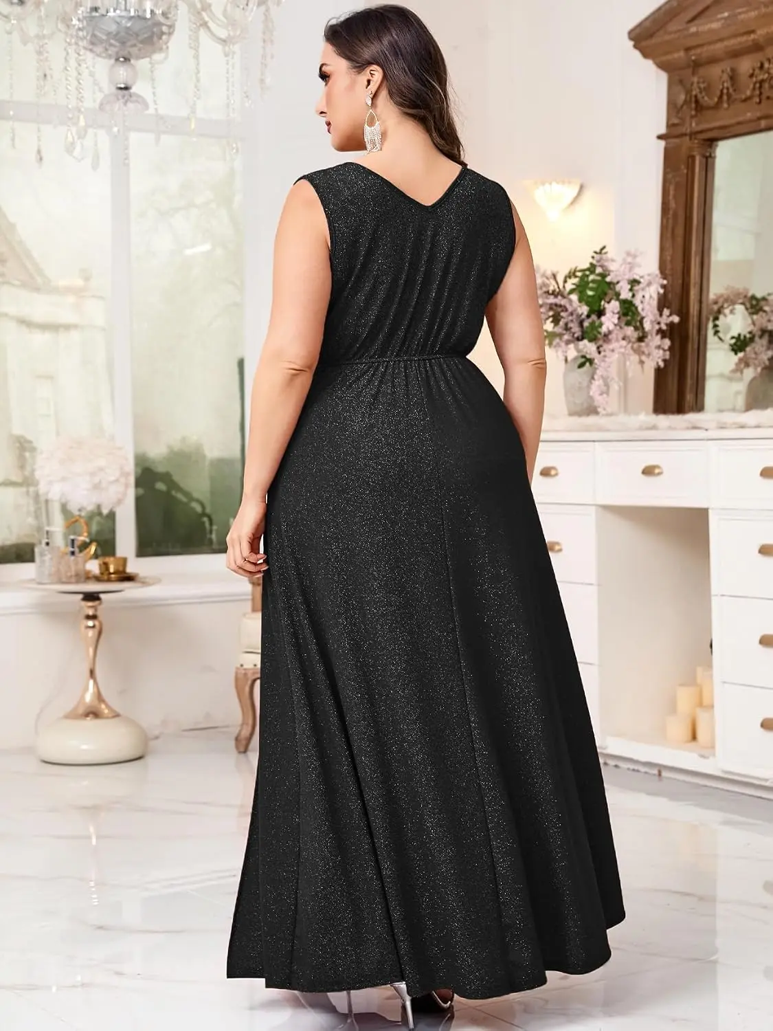 Sparkly Glitter Formal Maxi A Line Dress Sparkle Wrap Sleeveless Dress Prom Cocktail Evening Gown