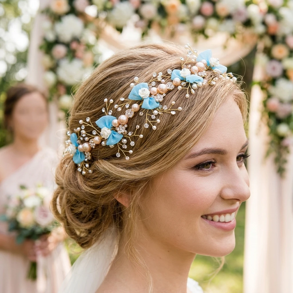 Hand-made Bridal Pearl Rhinestone Headband 1 Piece Pink Satin Bows Hair Accessories with Faux Crystal Pearls Elastic Hairband