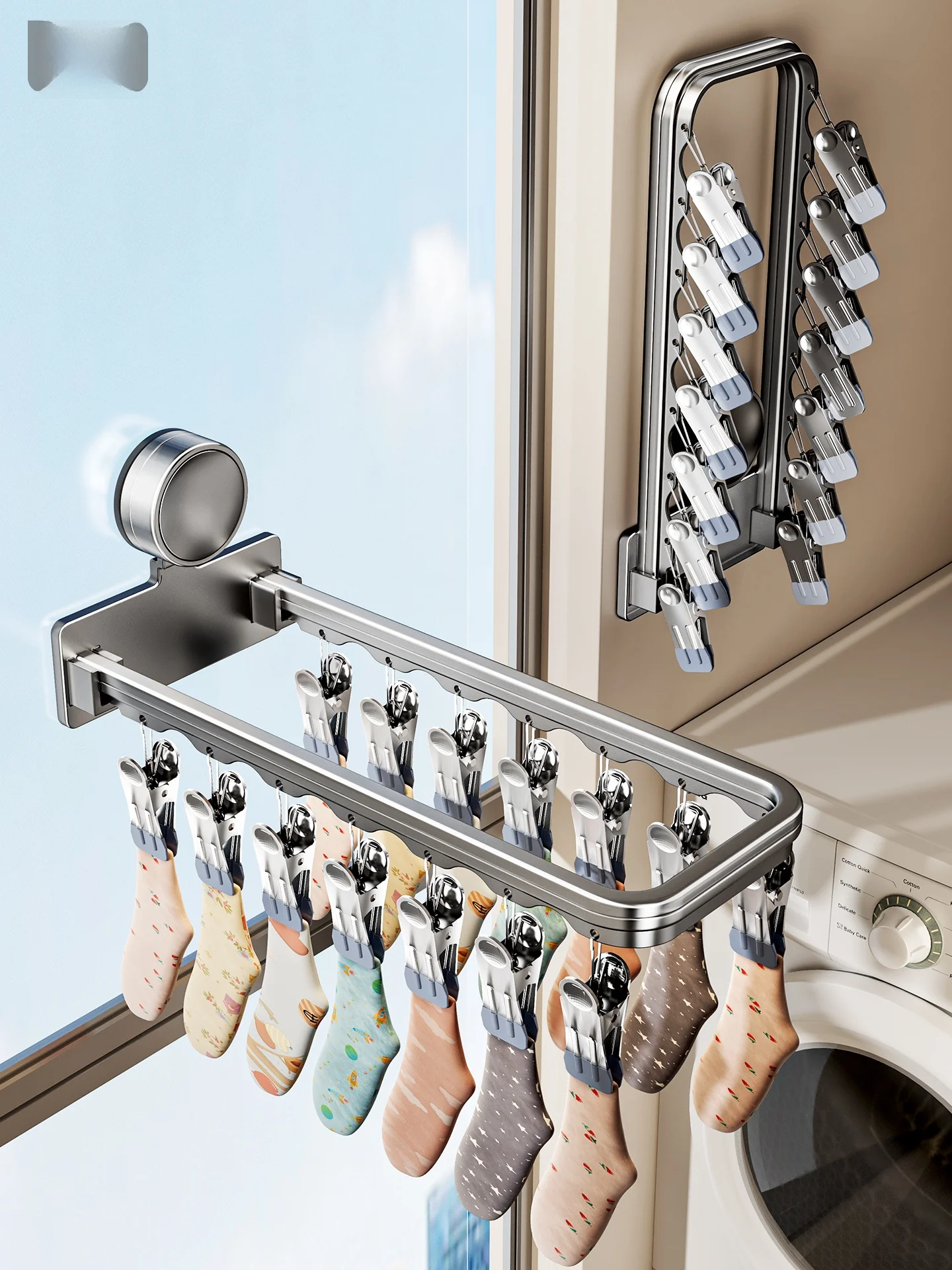 

Ветрозащитная многофункциональная вешалка для одежды на присосках с несколькими зажимами для дома и балкона, защита от солнца...