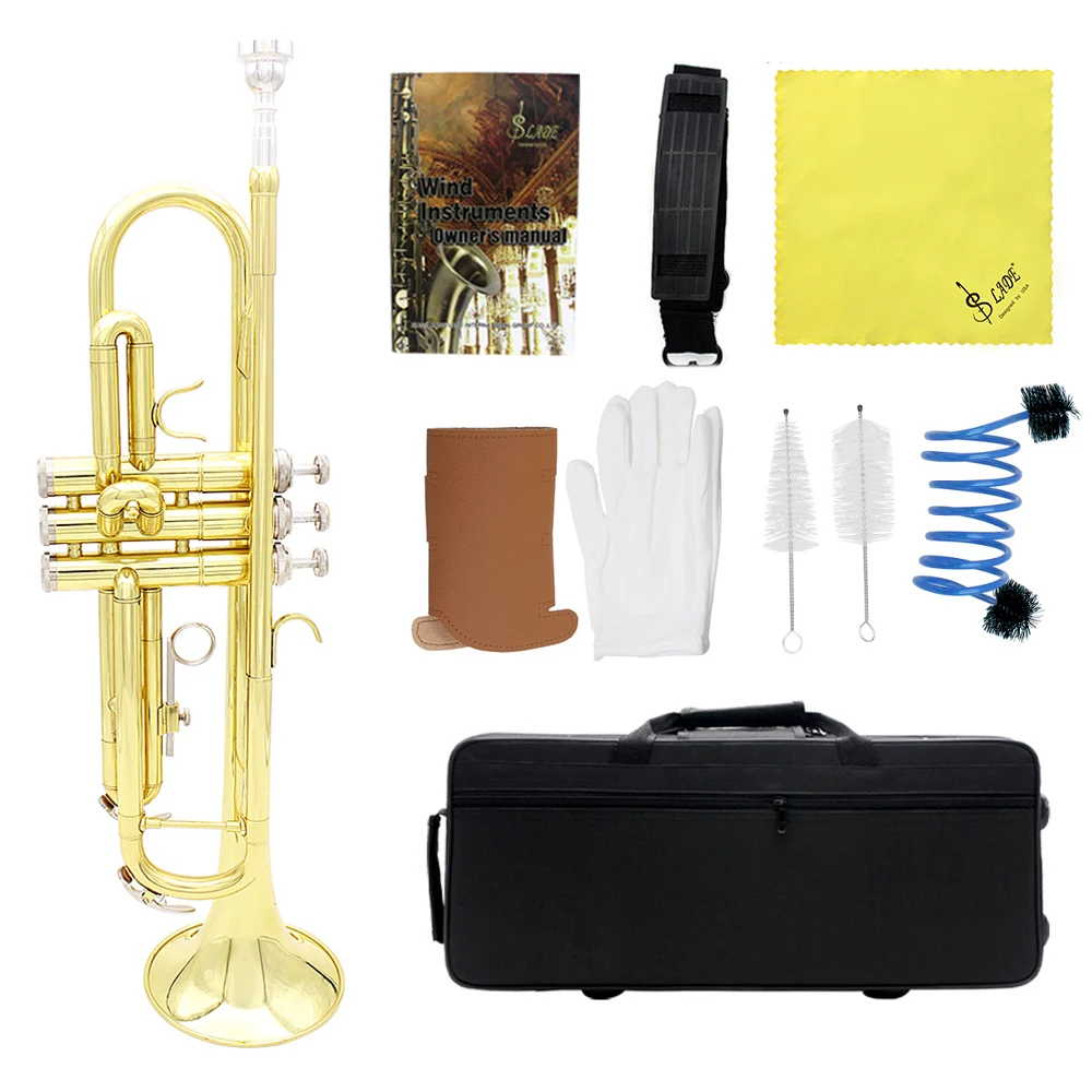 Bb Tune Trumpet Gold Plated Surface Musical Instrument Trumpet with Trumpet Case Cleaning Brush Protective Sleeve Parts