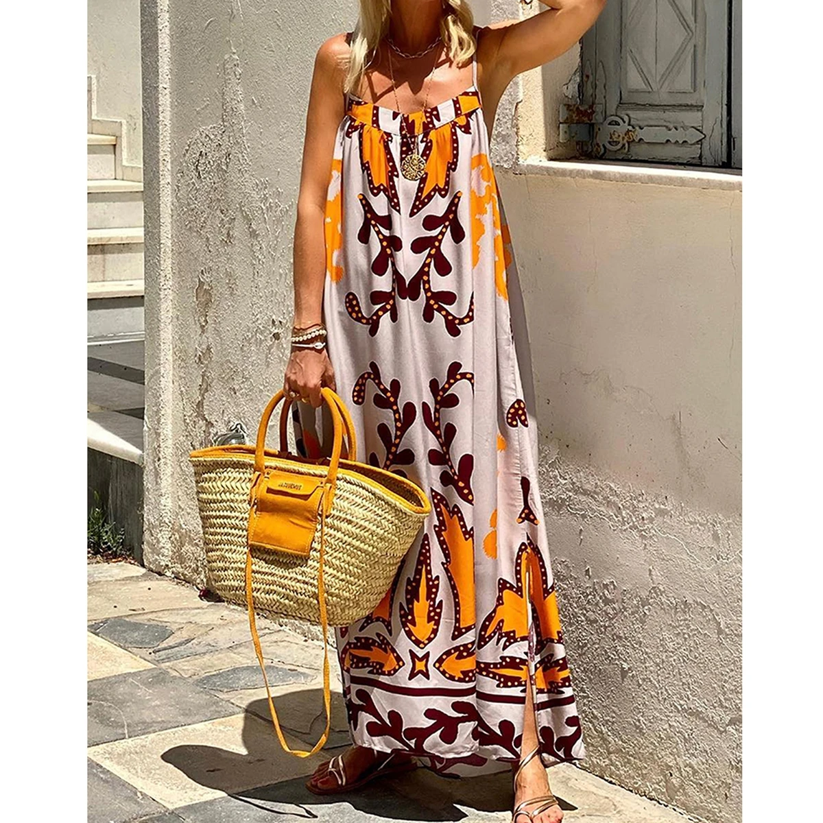 Women Summer Casual Long Dress Print Spaghetti Strap Sleeveless Cami Dress Loose Tie-Up Backless Holiday Dress