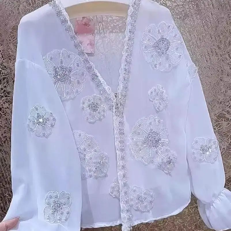 

Sequins Flowers Stitch Chiffon Cardigan for Women's Long Sleeve Open Stitch Shirts and Blouses Woman Clothing