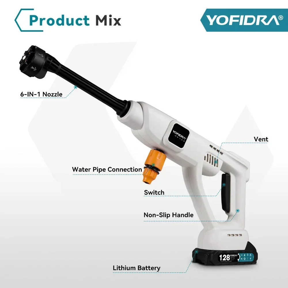 YOFIDRA 20500 rpm 100Bar Electric High Pressure Washer Gun 6IN1 Car Wash Water Gun Garden Spray Gun for Makita 18V Battery