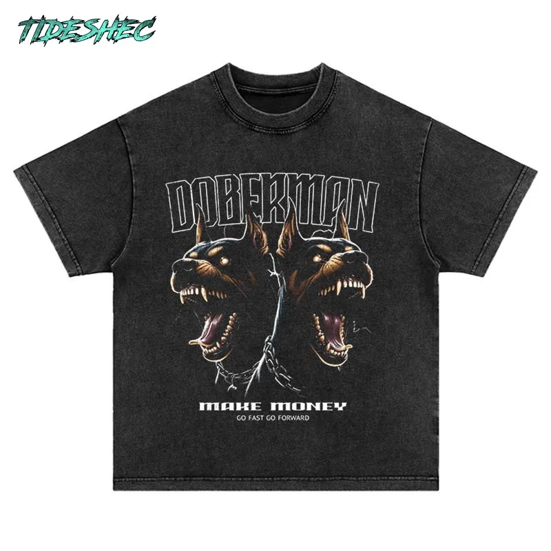 2024 Men Cotton Tshirt Retro Washed T Shirt Oversize Harajuku Hip Hop Streetwear Vintage Doberman Printed Graphic T-Shirt