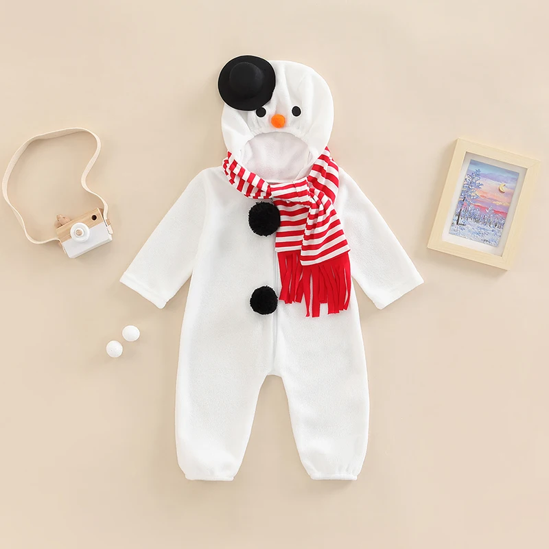 

Infant Baby Romper With Scarf Snowman Cosplay Hooded Long Sleeve Christmas Costume Fashion Jumpsuit 0-24 Months