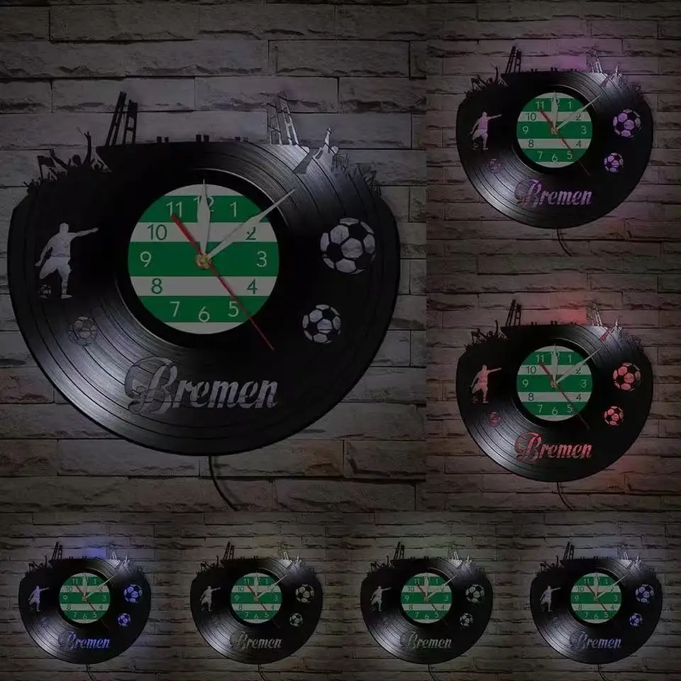 بريمن سيتي أفق مسجل فينيل ساعة حائط المنزل الأولاد غرفة الديكور ملعب كرة القدم الألمانية الفن ساعة الحائط هدية مروحة كرة القدم