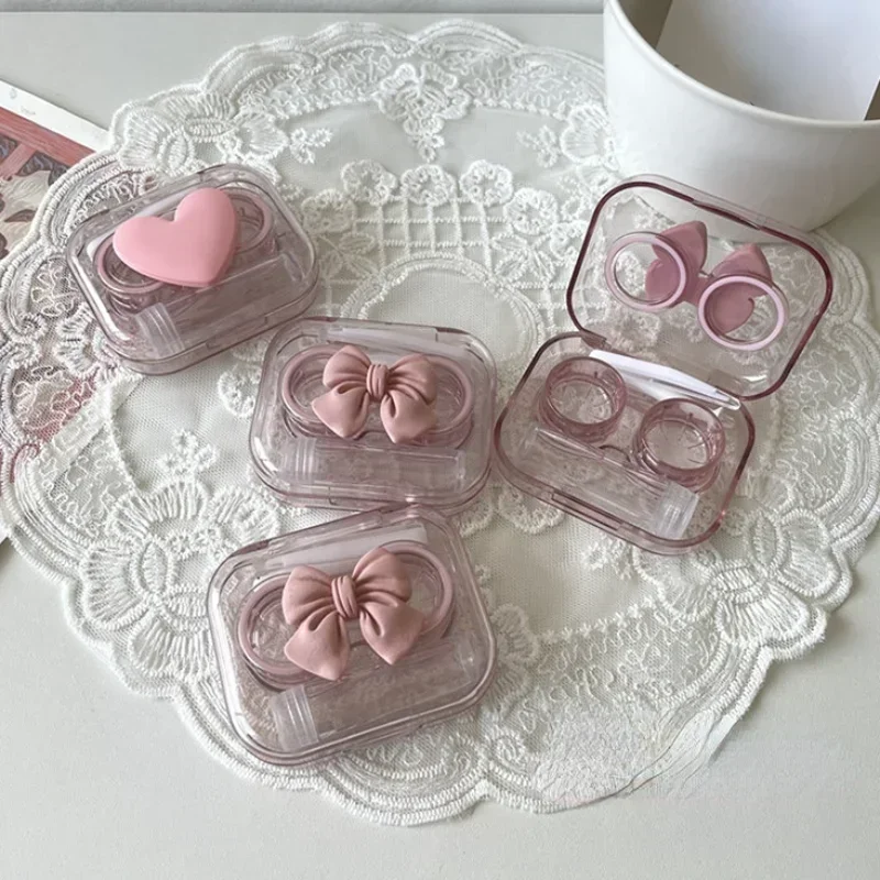 Pink Transparent Love Bow Contact Lens Case Girl Portable Beauty Pupil Box Storage Eye Care Container Box Contact Lens Cases