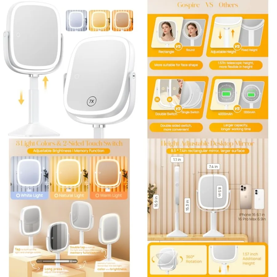 

Rectangle Lighted Makeup Mirror with Lights and 1X/7X Magnifying Mirror, Height Adjustable and 4000mAh Rechargeable for Bedroom