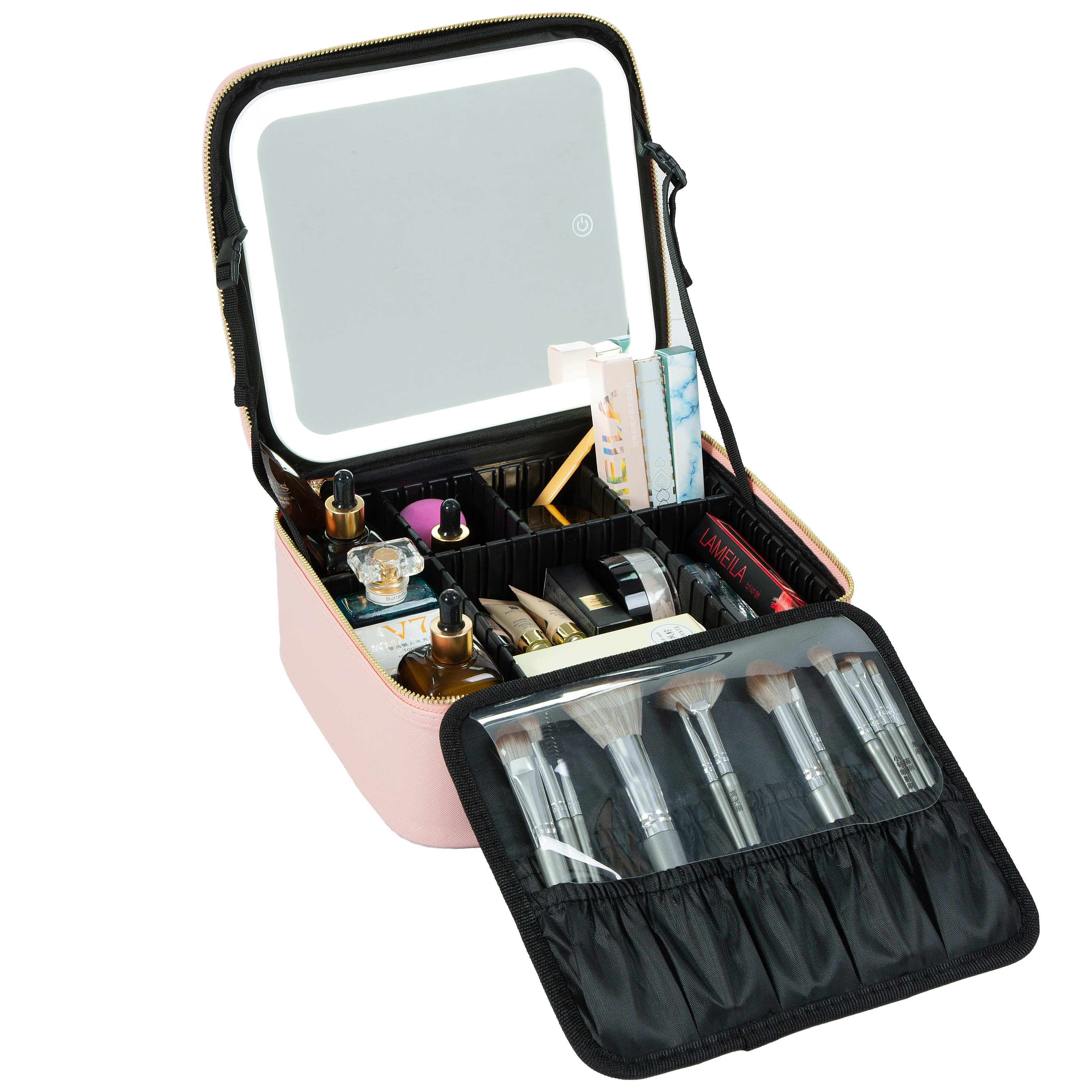 Makeup Train Case with 3 Color Adjustable Brightness LED Mirror Cosmetic Travel Case Adjustable Dividers Toiletry Bag for Lady