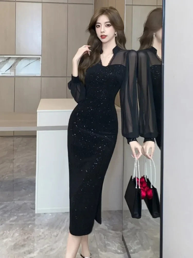 Ezgaga Sexy Dresses Women Mesh Patchwork Lantern Long Sleeve Sequins Slim French Style Chic Autumn Fashion Ladies Party