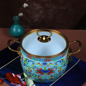 몽골어 요소 민족 스타일 에나멜 냄비 차 주전자 손잡이와 뚜껑 수프 냄비 김이 나는 요리 냄비 세라믹 복합 다층 바닥 