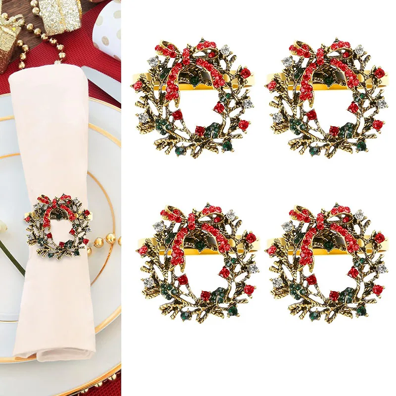 Set of 4 Christmas Napkin Rings,Holiday Napkin Rings Gold Christmas Wreath Napkin Holder Rings for Dinning Table Decorations