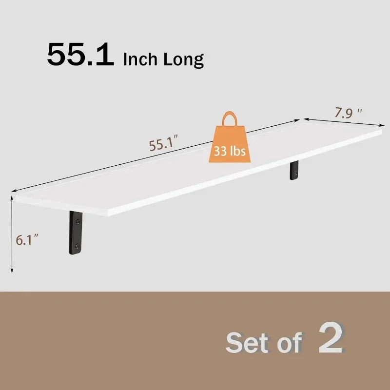 Набор из 2 настенных полок 55,1 дюйма, очень большие настенные полочки для хранения с прочными металлическими кронштейнами для гостиной и ванной комнаты