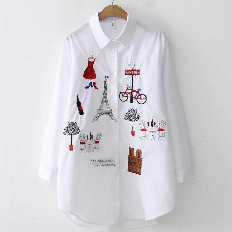 

high quality New White Shirt Casual Button Up Turn Down Collar Female Blouse Long Sleeve Cotton Blouse Embroidery Blouse 2025