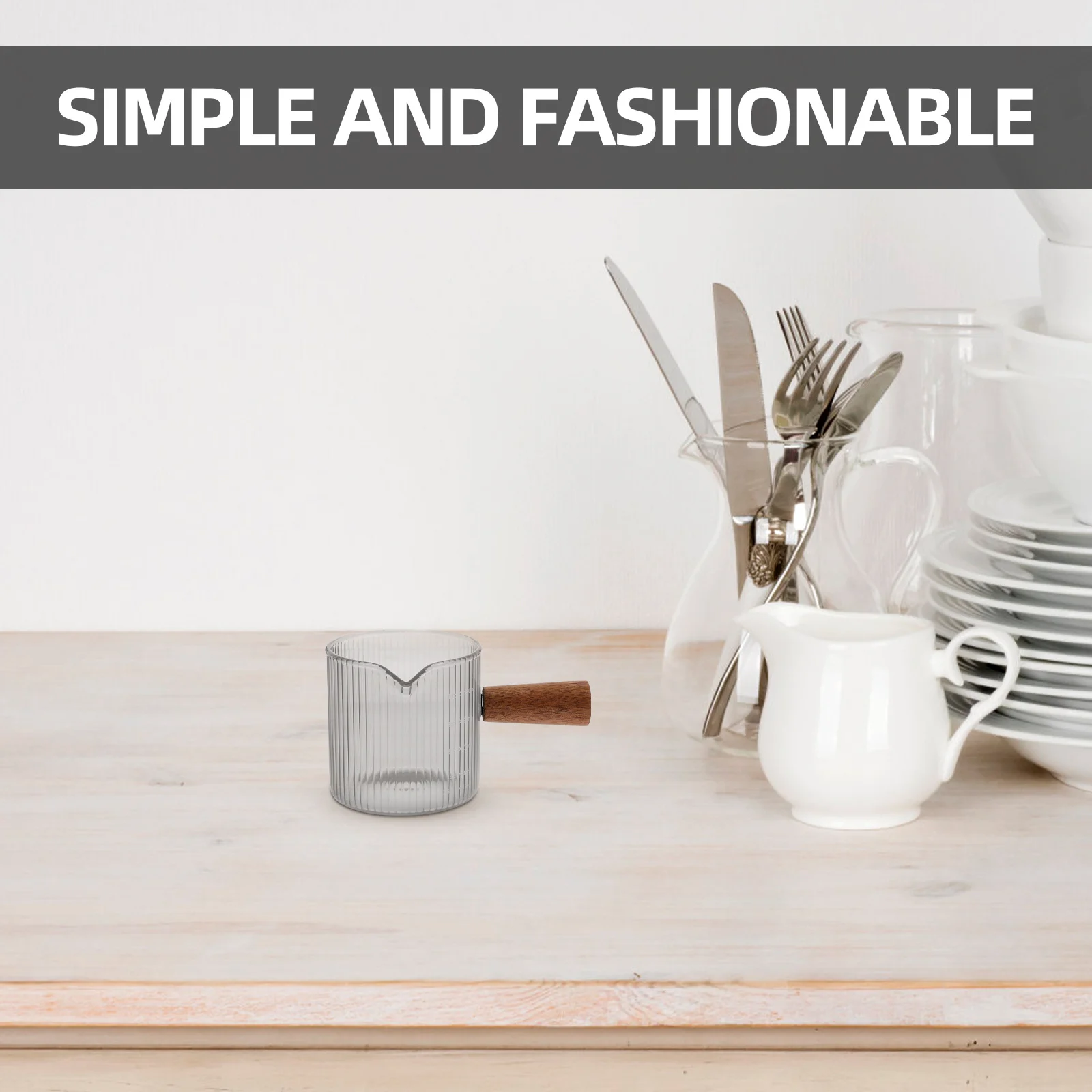 

120Ml Milk Cup Measuring Glass Creamer Pitcher Smooth Pour Spout Wooden Handle for Coffee Bar Espresso Sauce Storage Small